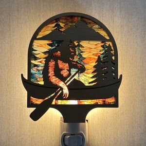 Bigfoot Sasquatch Canoe Wood Night Light Stained Glass Style Cabin Decor Plug-In